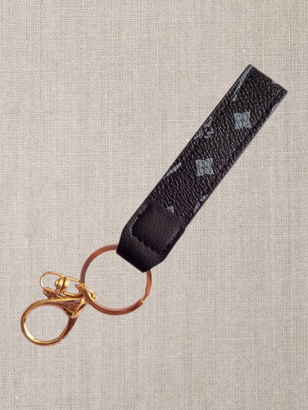 Black PU Leather Wristlet Keychain with Gold Hardware